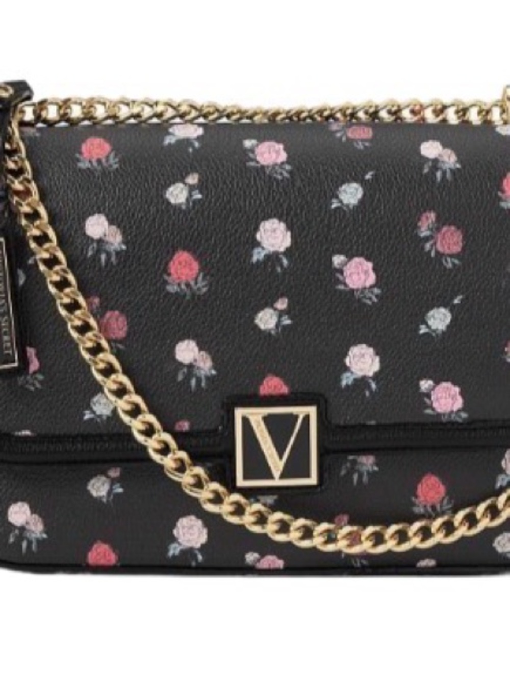 Victoria's Secret Black Floral Chain Crossbody Bag with Gold Hardware